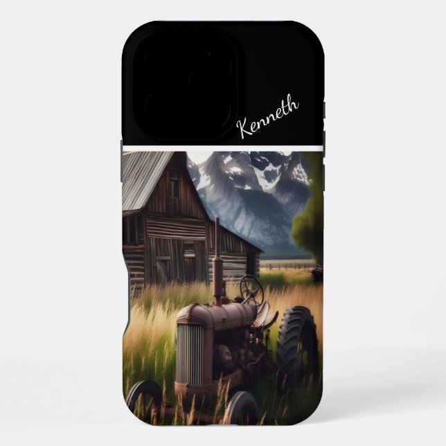 Rustic Tractor Under Mountain Peaks iPhone Case (Back)