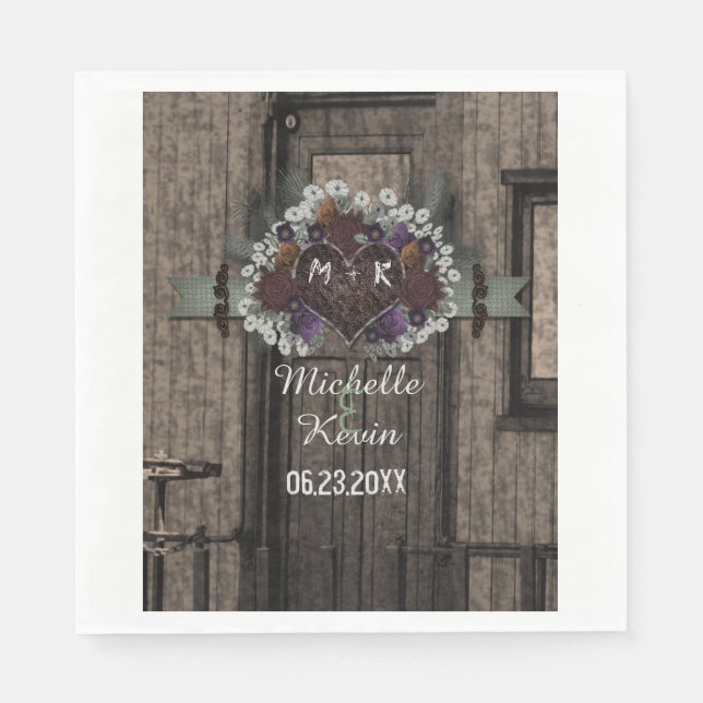 Rustic Train Fall Floral Wedding Monogram Napkin (Front)