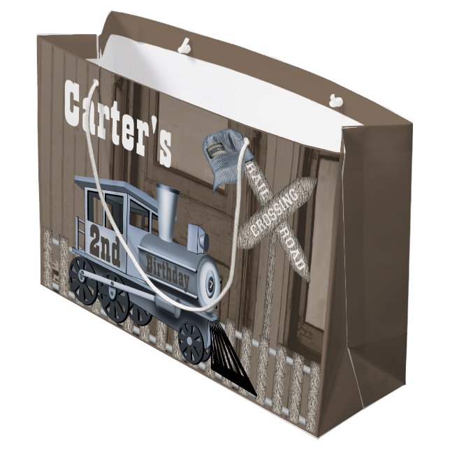 Rustic Train Railroad Crossing 2nd Birthday Party Large Gift Bag (Back Angled)
