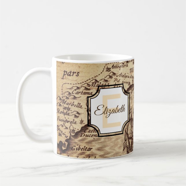 Rustic Travel Map | Initial Monogram and Name Coffee Mug (Left)