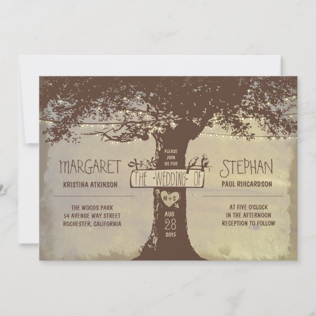 rustic tree and string lights wedding invitation (Front)