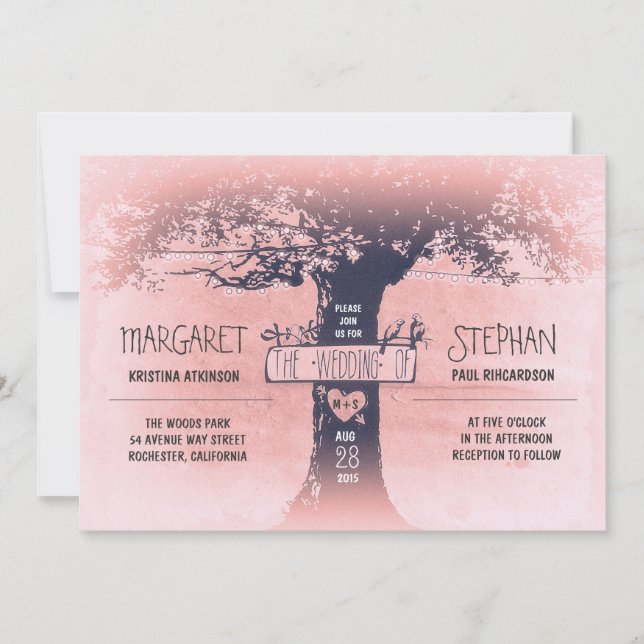 rustic tree and string lights wedding invitation (Front)