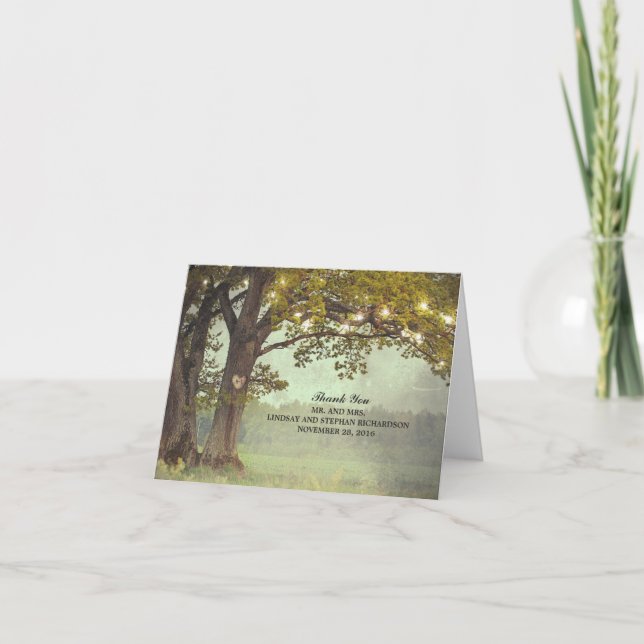 Rustic Tree and String Lights Wedding Thank You Card (Front)