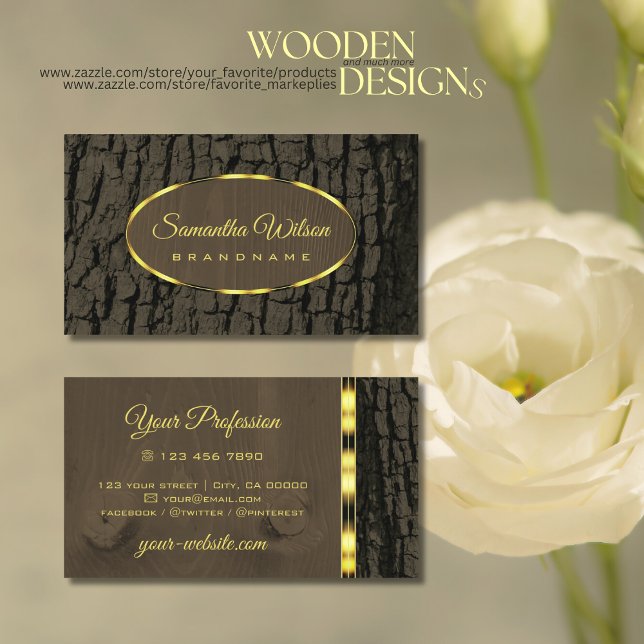 Rustic Tree Bark Dark Brown Wood Grain Gold Border Business Card (Creator Uploaded)
