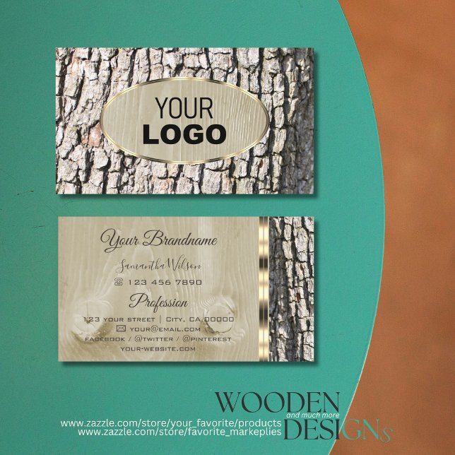 Rustic Tree Bark Wood Grain Oval Gold Border Logo Business Card (Creator Uploaded)