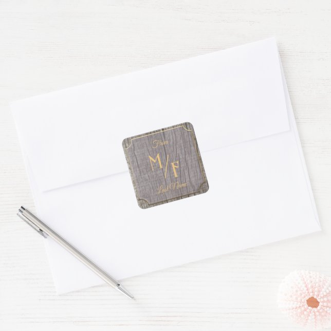 Rustic Tree Bark wood textured with initials Square Sticker (Envelope)