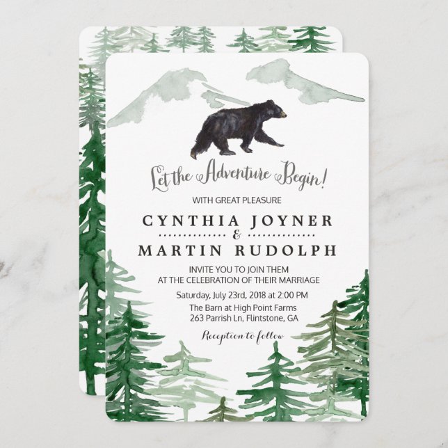 Rustic Tree Bear Wedding Invitation (Front/Back)