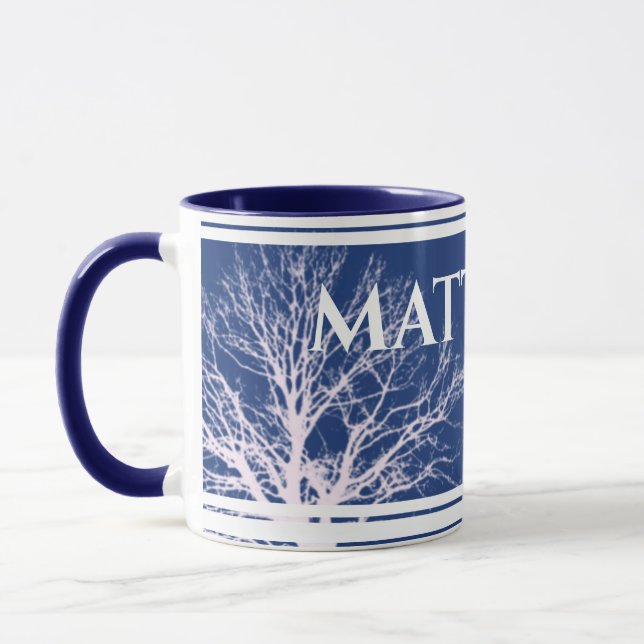 Rustic Tree Blue Personalised Name Mug  (Left)
