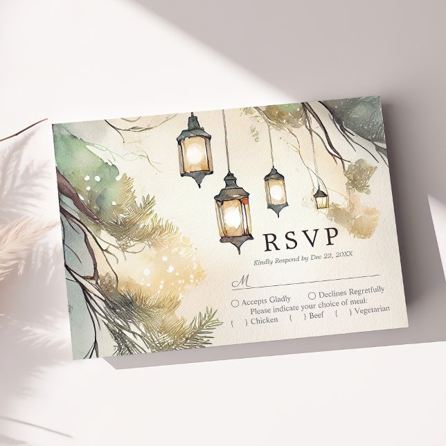 Rustic Tree Botanical Lantern Lights Wedding RSVP Card (Creator Uploaded)