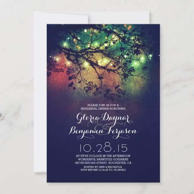 Rustic tree branches & lights rehearsal dinner invitation (Front)