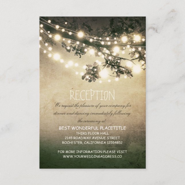 rustic tree branches & lights wedding reception enclosure card (Front)
