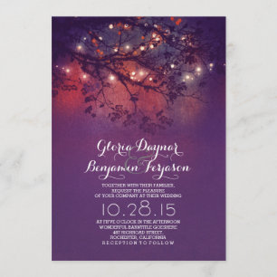 Rustic tree branches purple string lights wedding invitation