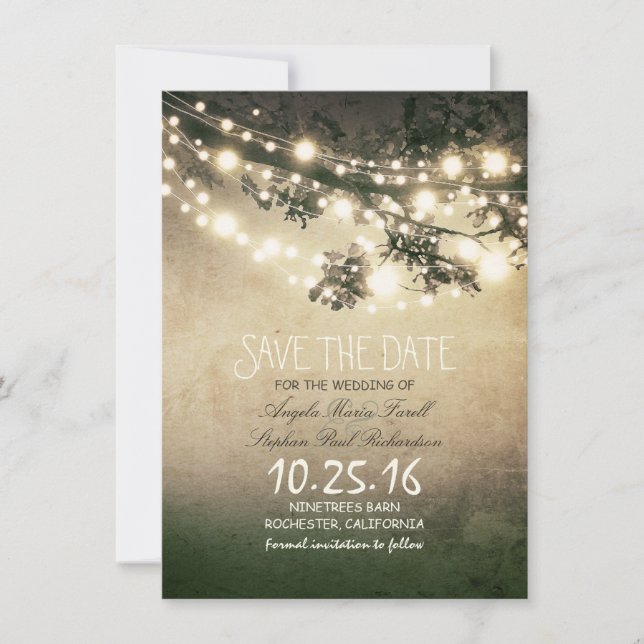 Rustic tree branches & string lights save the date (Front)