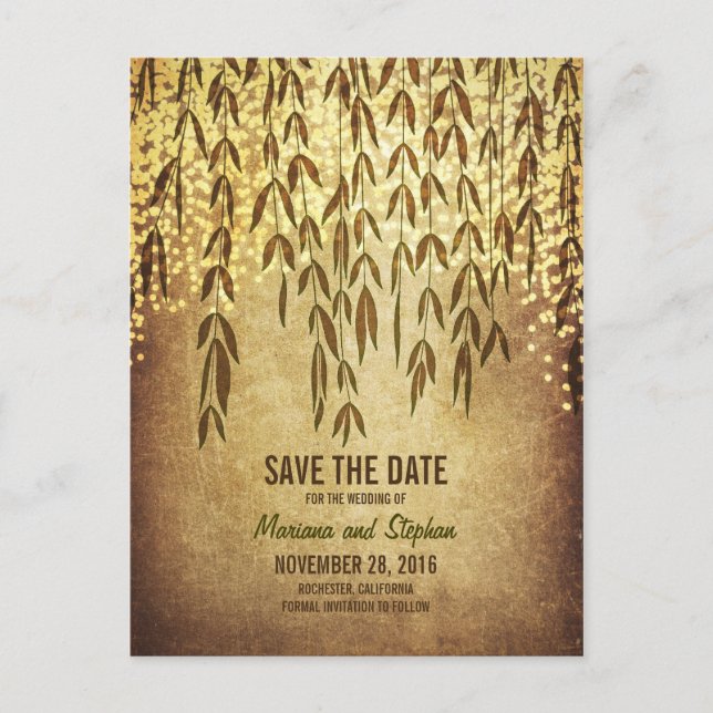 rustic tree branches string lights save the date announcement postcard (Front)
