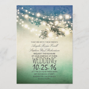 Rustic tree branches & string lights teal wedding invitation
