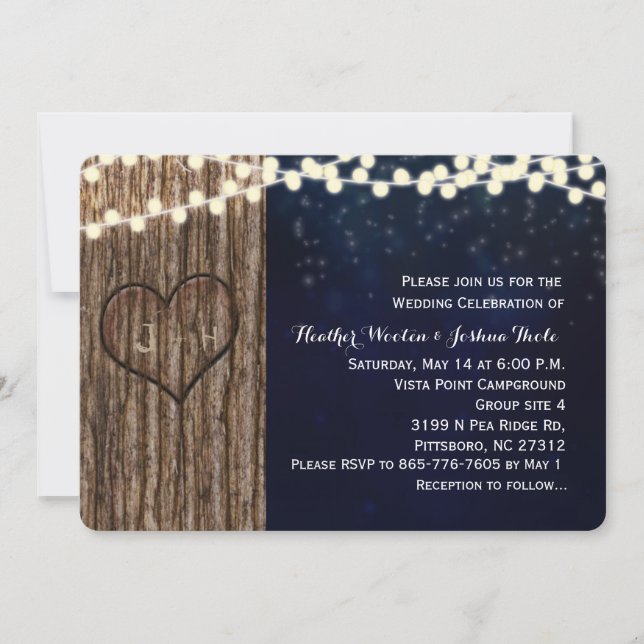 Rustic Tree Carved Heart Night Wedding  Invitation (Front)