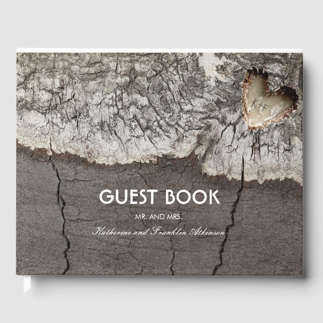 Rustic Tree Carved Wood Heart Wedding Guest Book (Front)