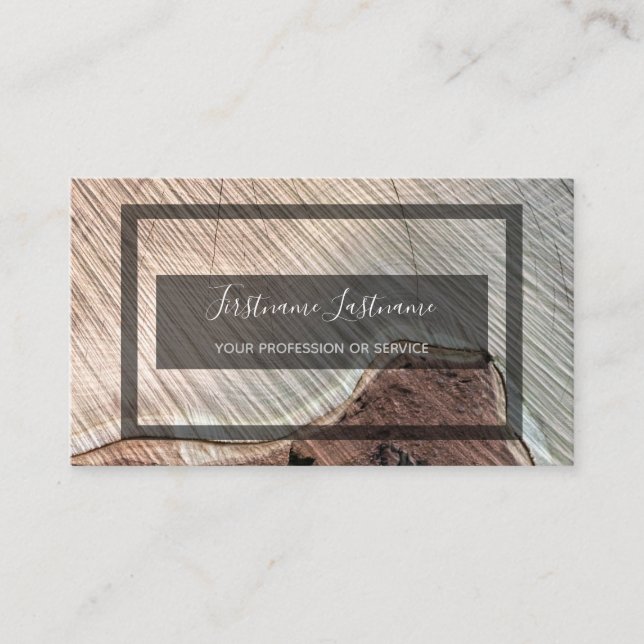 Rustic tree disc surface grey rectangle framed business card (Front)