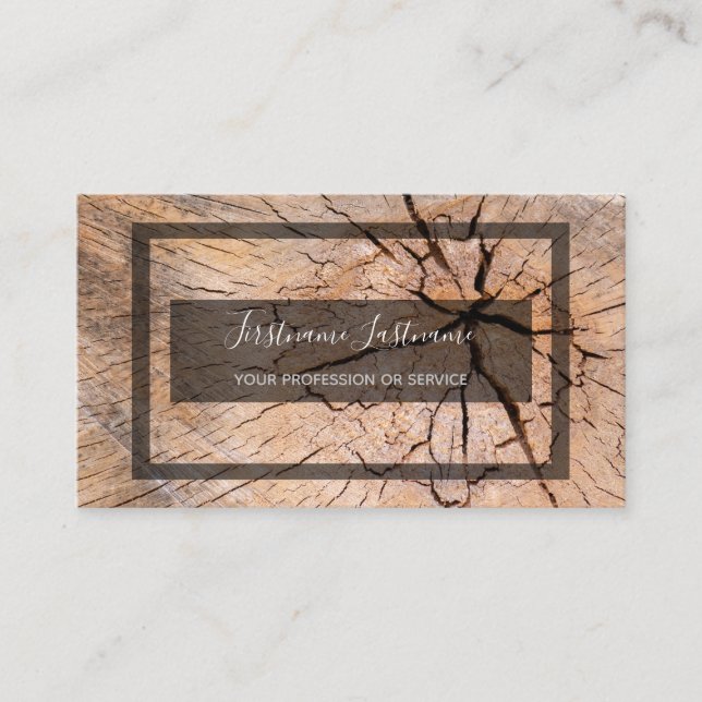 Rustic tree disc surface grey rectangle framed business card (Front)