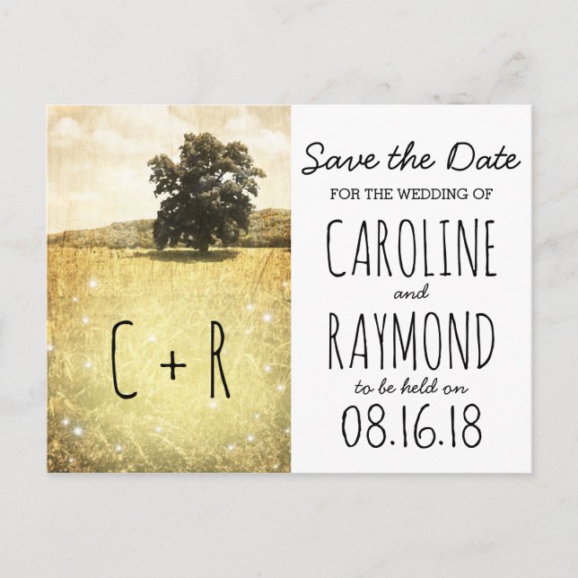 Rustic Tree Enchanted Firefly Meadow Save the Date Announcement Postcard (Front)