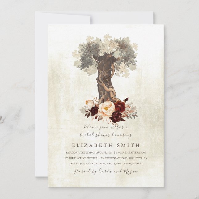 Rustic Tree Floral Burgundy Bridal Shower Invitation (Front)