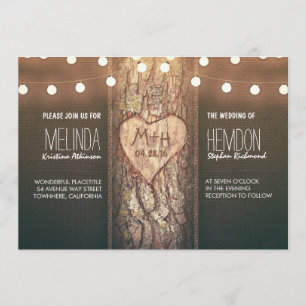 rustic tree heart and string lights wedding invite