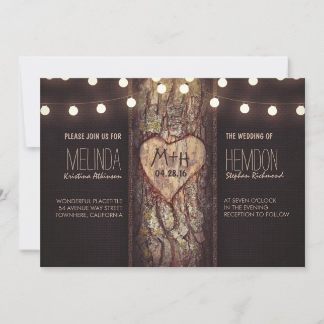 rustic tree heart and string lights wedding invite (Front)