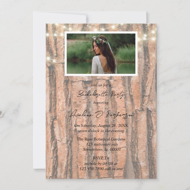 Rustic Tree Heart Photo Lights Bachelorette Party Invitation (Front)
