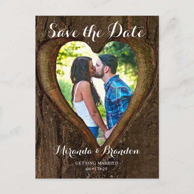 Rustic Tree Heart Photo Save the Date Wedding Postcard (Front)