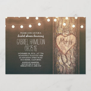 rustic tree heart & string lights bridal shower invitation