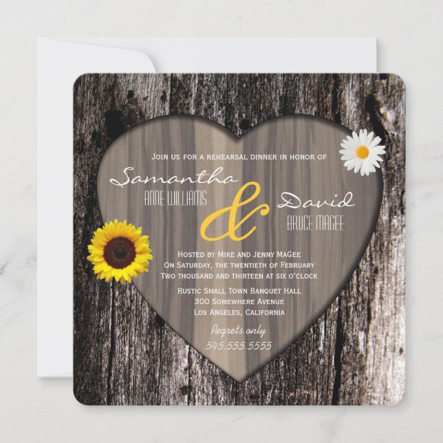 Rustic Tree Heart Sunflower Daisy Rehearsal Dinner Invitation (Front)