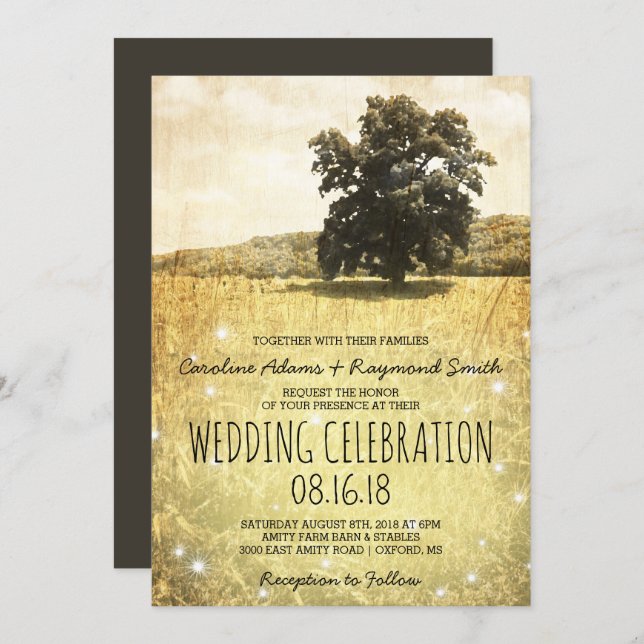 Rustic Tree in Enchanted Firefly Meadow Wedding Invitation (Front/Back)