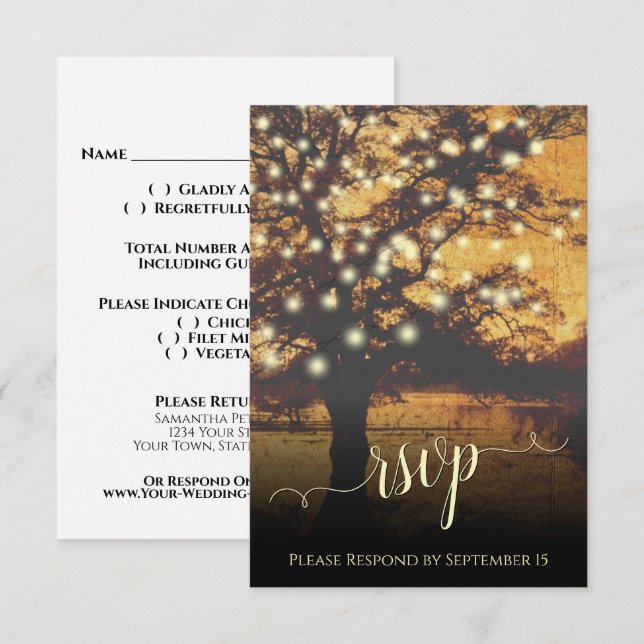 Rustic Tree & Lights Autumn Evening Wedding RSVP Card (Front/Back)