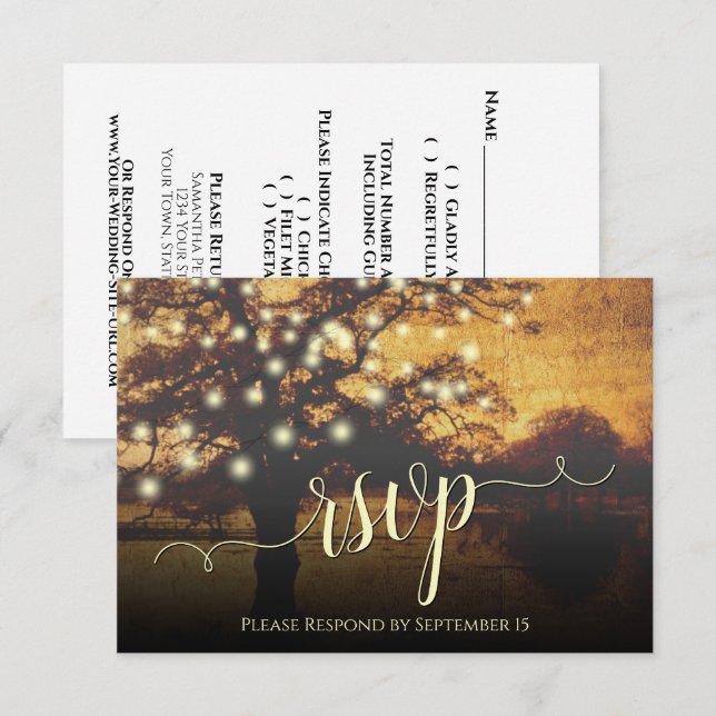 Rustic Tree & Lights Golden Faux Parchment Wedding RSVP Card (Front/Back)