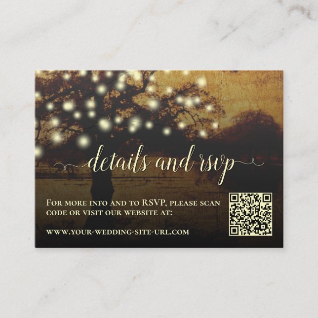 Rustic Tree Lights Wedding Details & RSVP QR Code Enclosure Card (Front)
