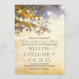 rustic tree & love birds string lights wedding invitation
