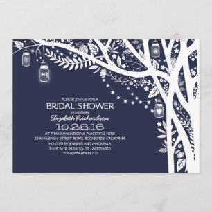 Rustic Tree Mason Jar Lights Navy Bridal Shower Invitation