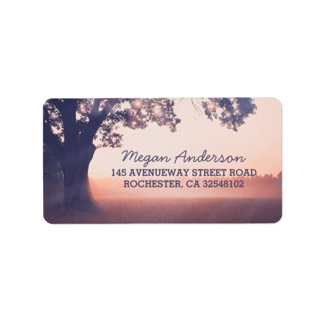 Rustic Tree Pink String Lights Wedding Label (Front)