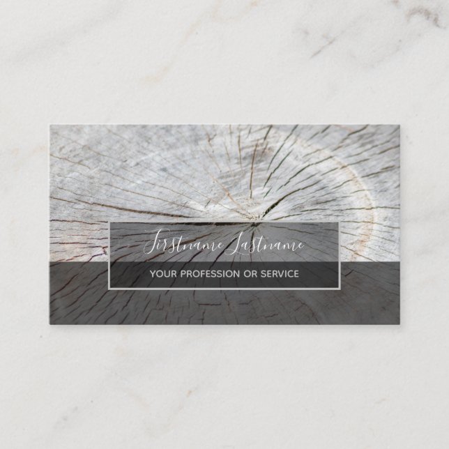 Rustic tree plank surface grey rectangle stripes business card (Front)
