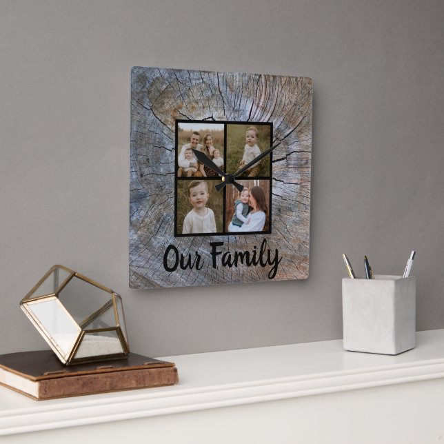 Rustic tree-ring distressed wood grain rustic tree square wall clock (Office)