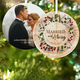 Rustic Tree rings Married and Merry Wedding photo Metal Tree Decoration