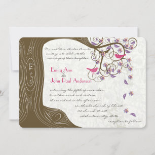 Rustic Tree Romantic Pink Birds & Blooms Wedding Invitation