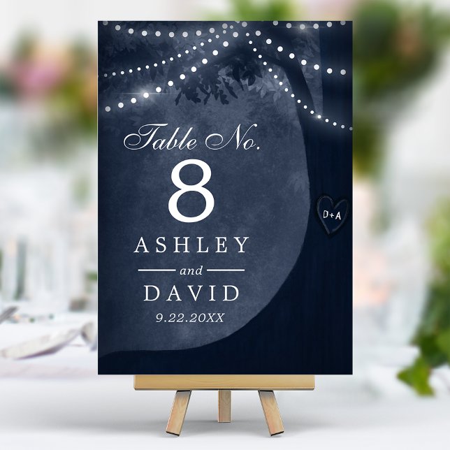 Rustic Tree String Lights Carved Initials Navy Table Number (Creator Uploaded)