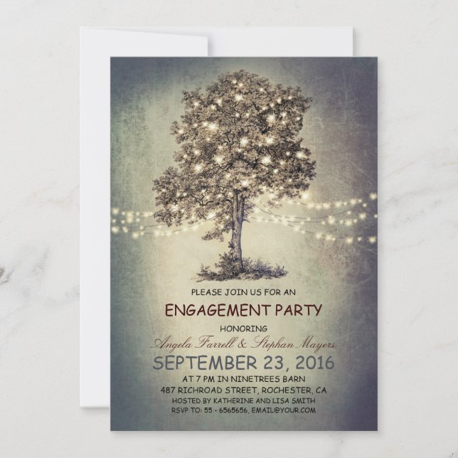 Rustic tree & string lights engagement party invitation (Front)