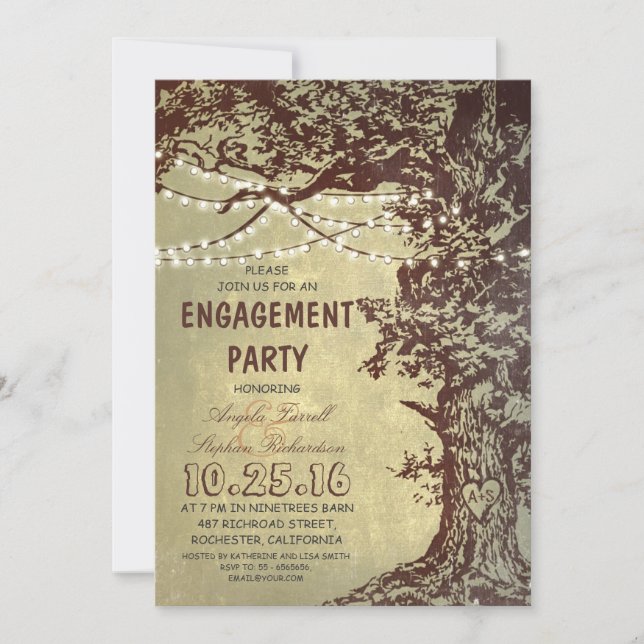 Rustic tree & string lights engagement party invitation (Front)