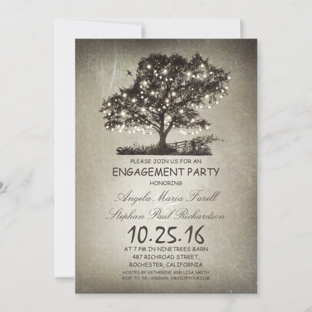 Rustic tree & string lights engagement party invitation (Front)