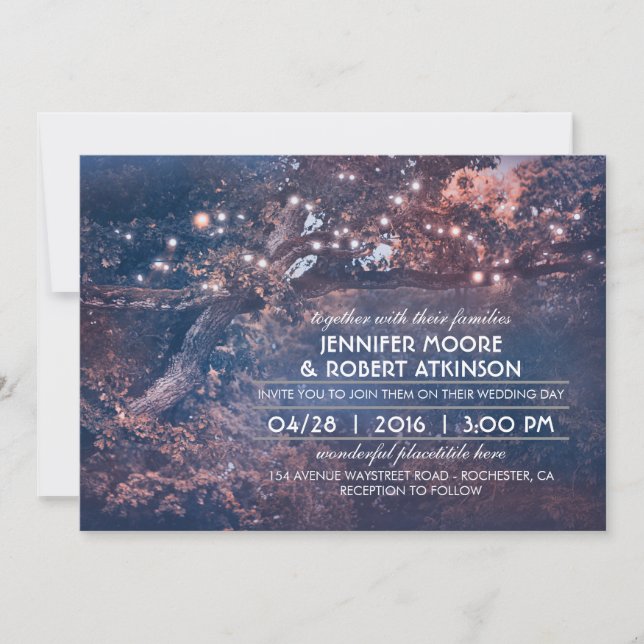 Rustic Tree String Lights Forest Blue Wedding Invitation (Front)