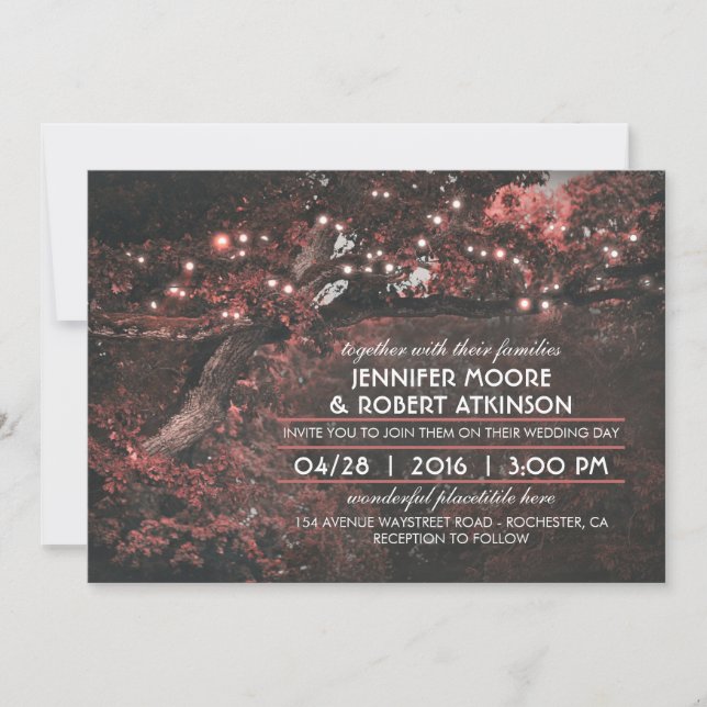 Rustic Tree String Lights Forest Pink Wedding Invitation (Front)