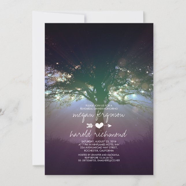 Rustic Tree String Lights Garden Rehearsal Dinner Invitation (Front)