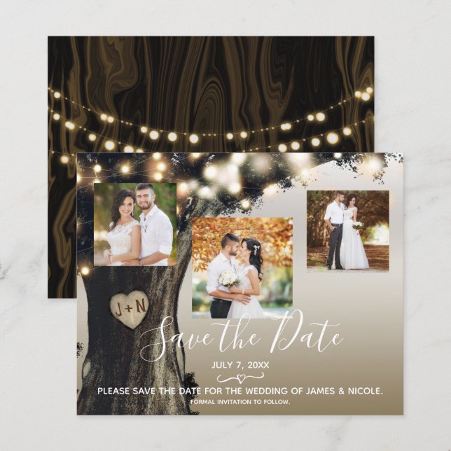 Rustic Tree & String Lights Photo Save the Date (Front/Back)